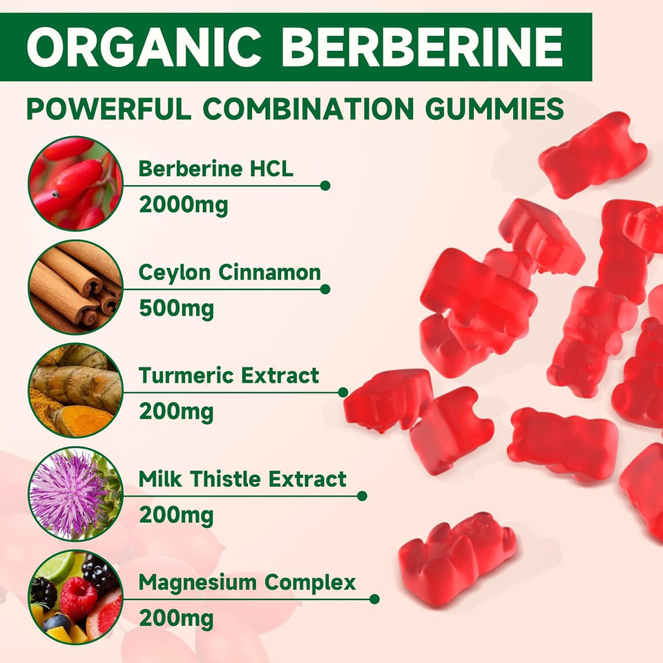 Berberine Gummies,Sugar Free 2000Mg High Potency Berberine Hci Supplement, Plus Ceylon Cinnamon, Milk Thistle For Women & Men, Immune System & Metabolism Support - 60 Gummies