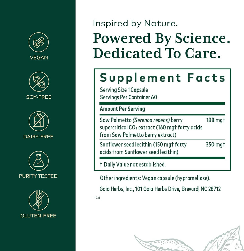 Gaia Herbs Pro Saw Palmetto - Healthy Prostate Gland Support Supplement* - Herbal Supplement With Saw Palmetto & Sunflower Seed - Vegan Gluten-Free Soy-Free - 60 Liquid Phyto-Caps (60 Servings)