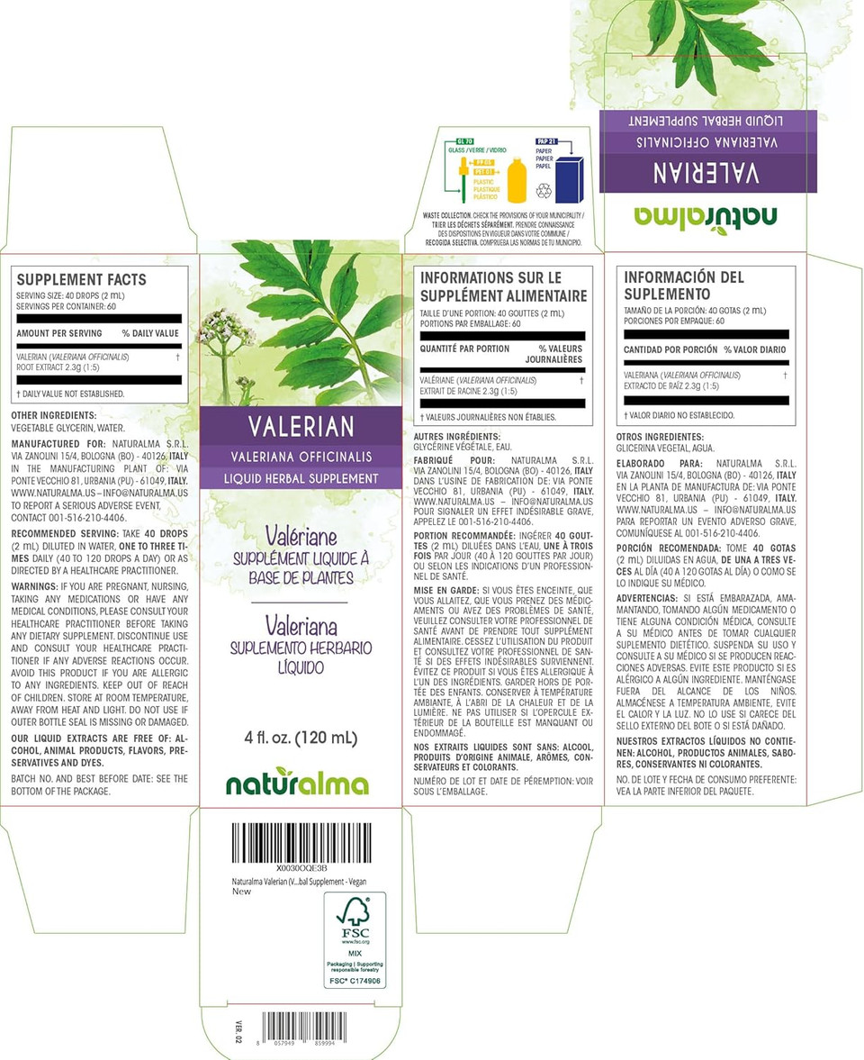 Naturalma Valerian (Valariana Officinalis) Root Alcohol-Free Tincture - 4 Fl Oz Liquid Extract In Drops - Herbal Supplement - Vegan