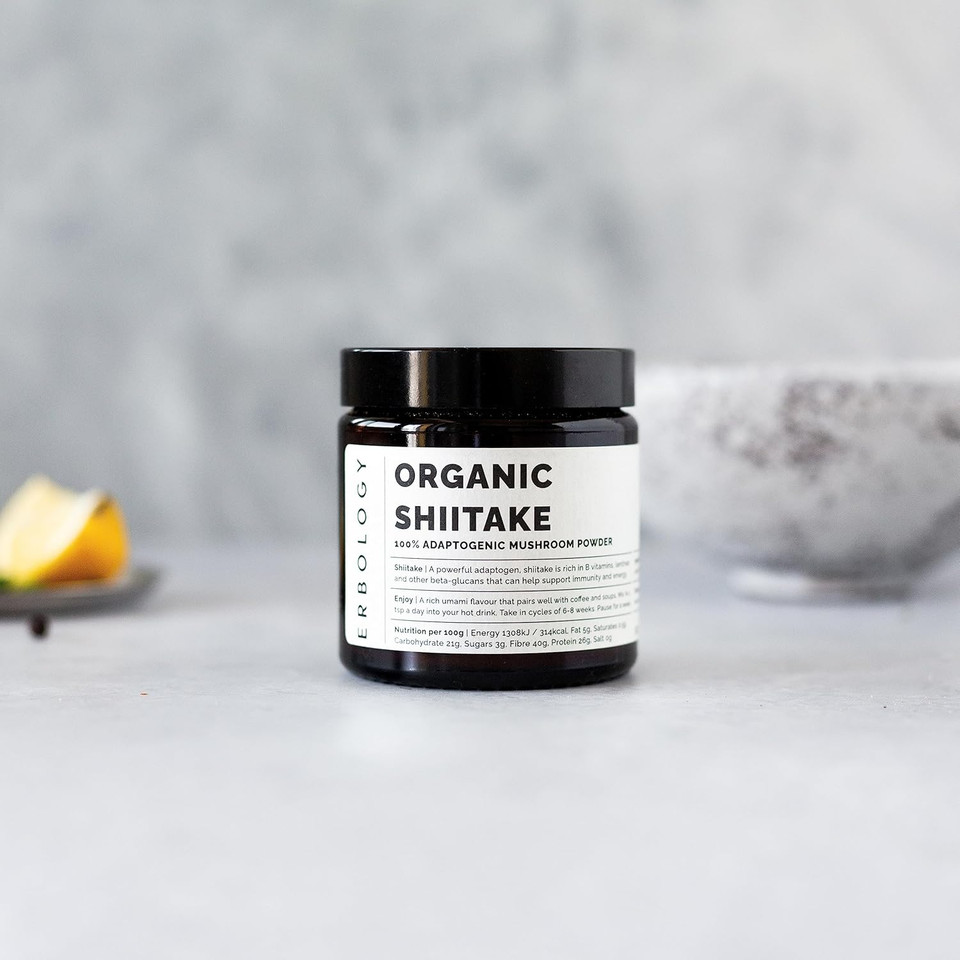 Erbology Organic Shiitake Mushroom Powder 50 Servings - 11% Beta-Glucans - Immunity And Energy - Lentinula Edodes - Small Batch - Sustainably Grown In Europe - Vegan - Non-Gmo - No Added Fillers