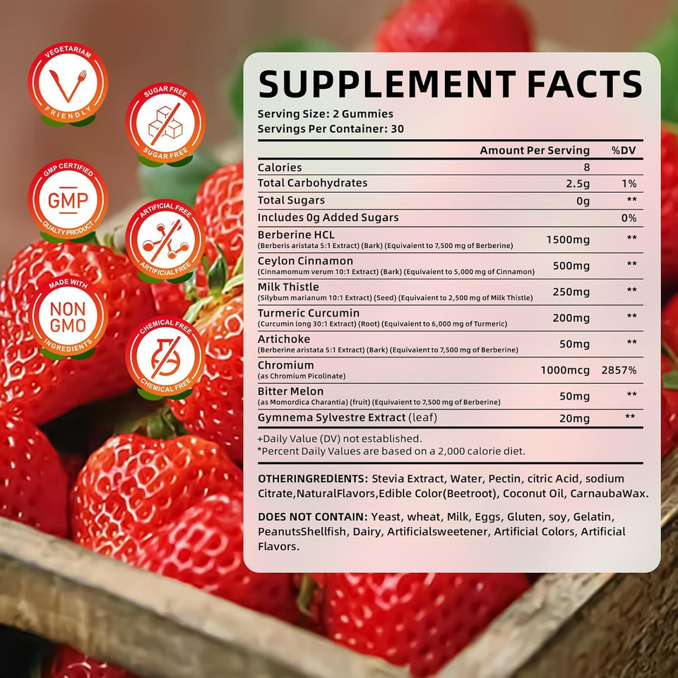 Berberine Gummies With Ceylon Cinnamon 1500Mg High Potency Berberine Hcl Supplement For Immune Support, Organic Berberine Gummies, Sugar Free, Vegan, Strawberry Flavor, 60 Count