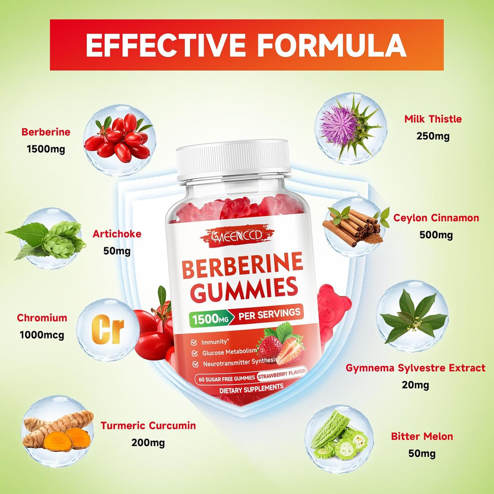 Berberine Gummies With Ceylon Cinnamon 1500Mg High Potency Berberine Hcl Supplement For Immune Support, Organic Berberine Gummies, Sugar Free, Vegan, Strawberry Flavor, 60 Count