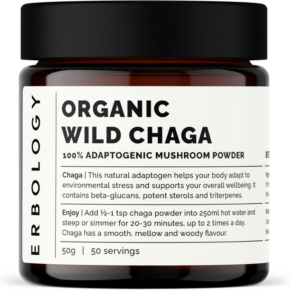 Erbology Organic Chaga Mushroom Powder 50 Servings - 7% Beta-Glucans - Immunity Support - Inonotus Obliquus - Small Batch - Sustainably Wild Harvested In Finland - Vegan - Non-Gmo - No Added Fillers
