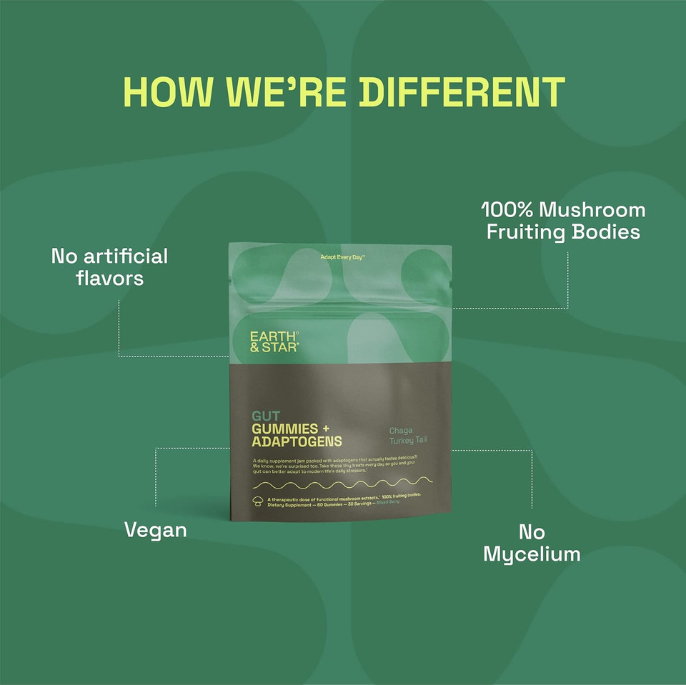 Earth And Star Mushroom Gummies - Gut Support | Chaga And Turkey Tail Mushrooms | Nootropic Mushroom Supplement Boosting Digestive And Gut Health | 60 Gummies