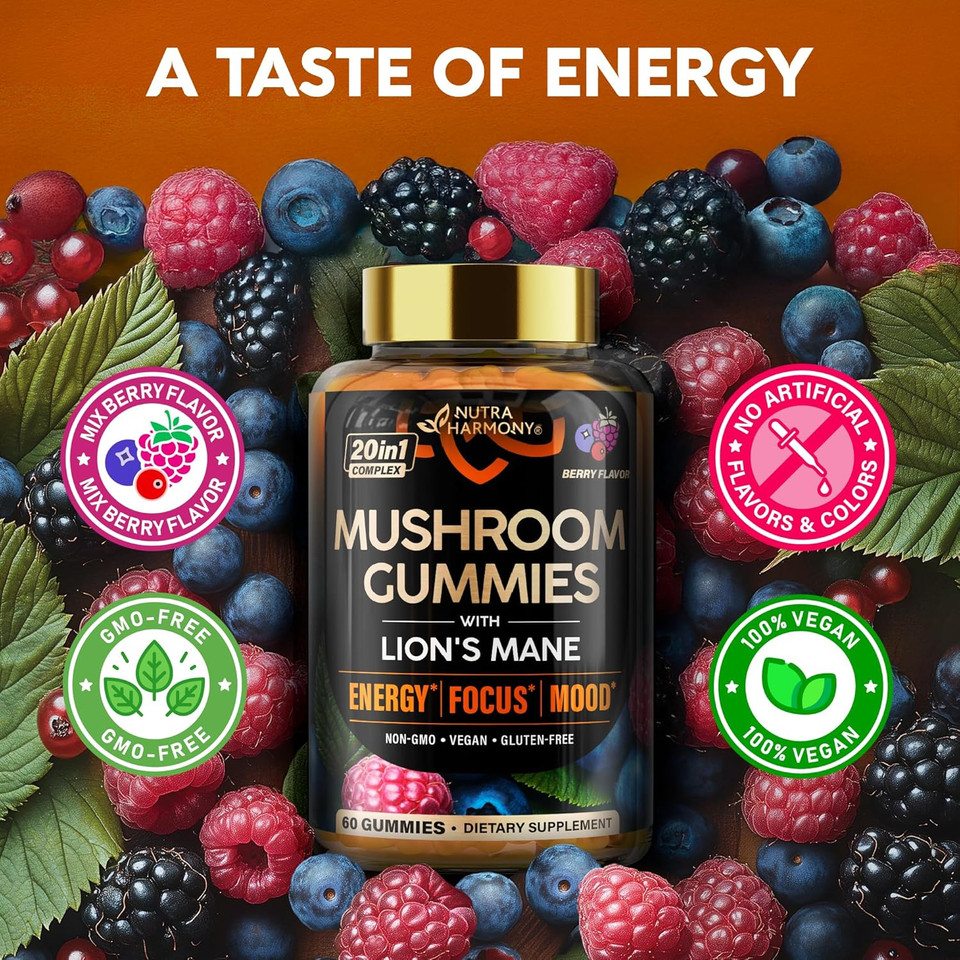 Mushroom Gummies - Lions Mane | Turkey Tail | Cordyceps | Reishi & Chaga - 20-In-1 Natural Mushroom Supplement 1050 Mg - Energy, Focus, Mood & Cognitive Support - Vegan, Berry Flavor - 60 Gummies