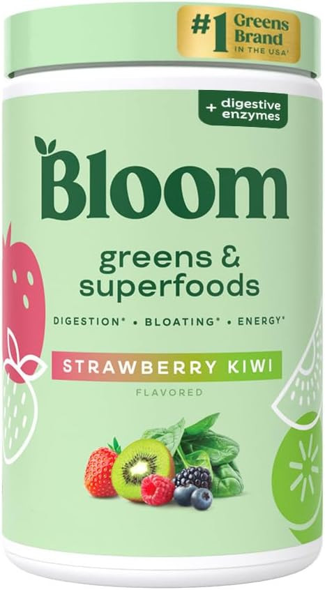 Bloom Nutrition Superfood Greens Powder, Digestive Enzymes With Probiotics And Prebiotics, Gut Health, Bloating Relief For Women, Chlorella, Juice Mix With Beet Root Powder, 25 Svg, Strawberry Kiwi