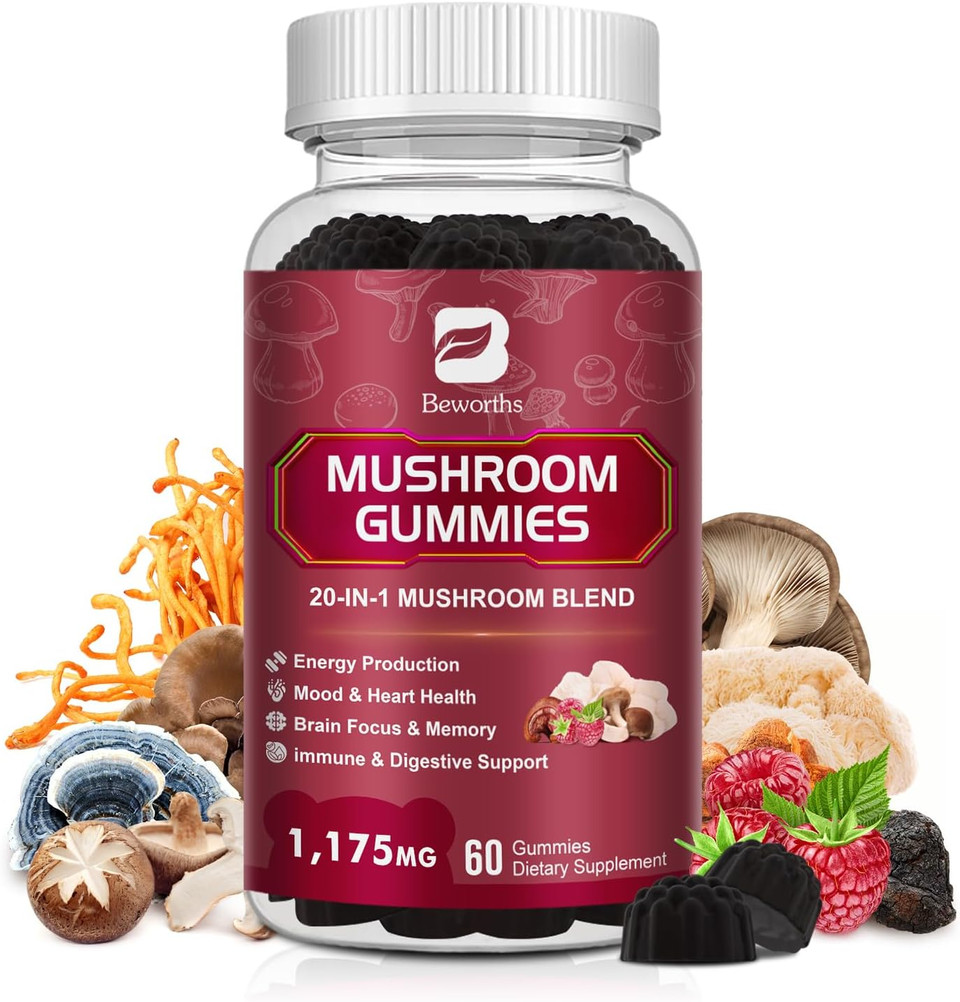 Mushroom Gummies, 20 In 1 Lions Mane Mushroom Complex Supplement With Reishi, Chaga, Cordyceps & More For Adult, Support For Brain, Focus & Cognitive Health, Vegan, Non-Gmo,Raspberry Flavor,60 Count
