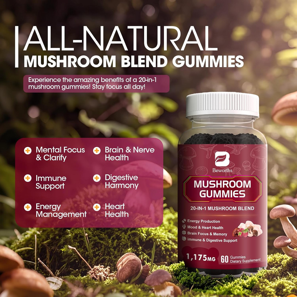 Mushroom Gummies, 20 In 1 Lions Mane Mushroom Complex Supplement With Reishi, Chaga, Cordyceps & More For Adult, Support For Brain, Focus & Cognitive Health, Vegan, Non-Gmo,Raspberry Flavor,60 Count