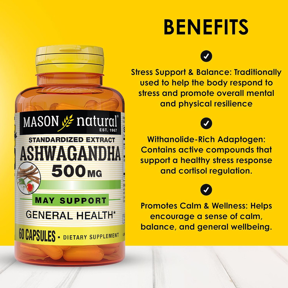 Mason Natural Ashwagandha 500 Mg, Adaptogen For Stress & Energy Support, Herbal Supplement, 180 Day Supply Mason Natural Ashwagandha 500 Mg, Adaptogen For Stress & Energy Support, Herbal Supplement, 180 Day Supply