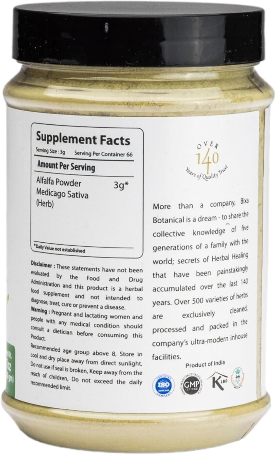 Bixa Botanical Alfalfa Powder Pure (Medicago Sativa) Superfood | Ayurvedic Natural Herbal Supplement 7 Oz / 200G