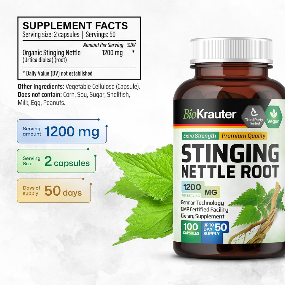 Bio Krauter Stinging Nettle Capsules 1200 Mg - 250 Natural Urinary Tract & Overall Support Caps - Nettle Root Powder (Urtica Dioica) - Non Gmo