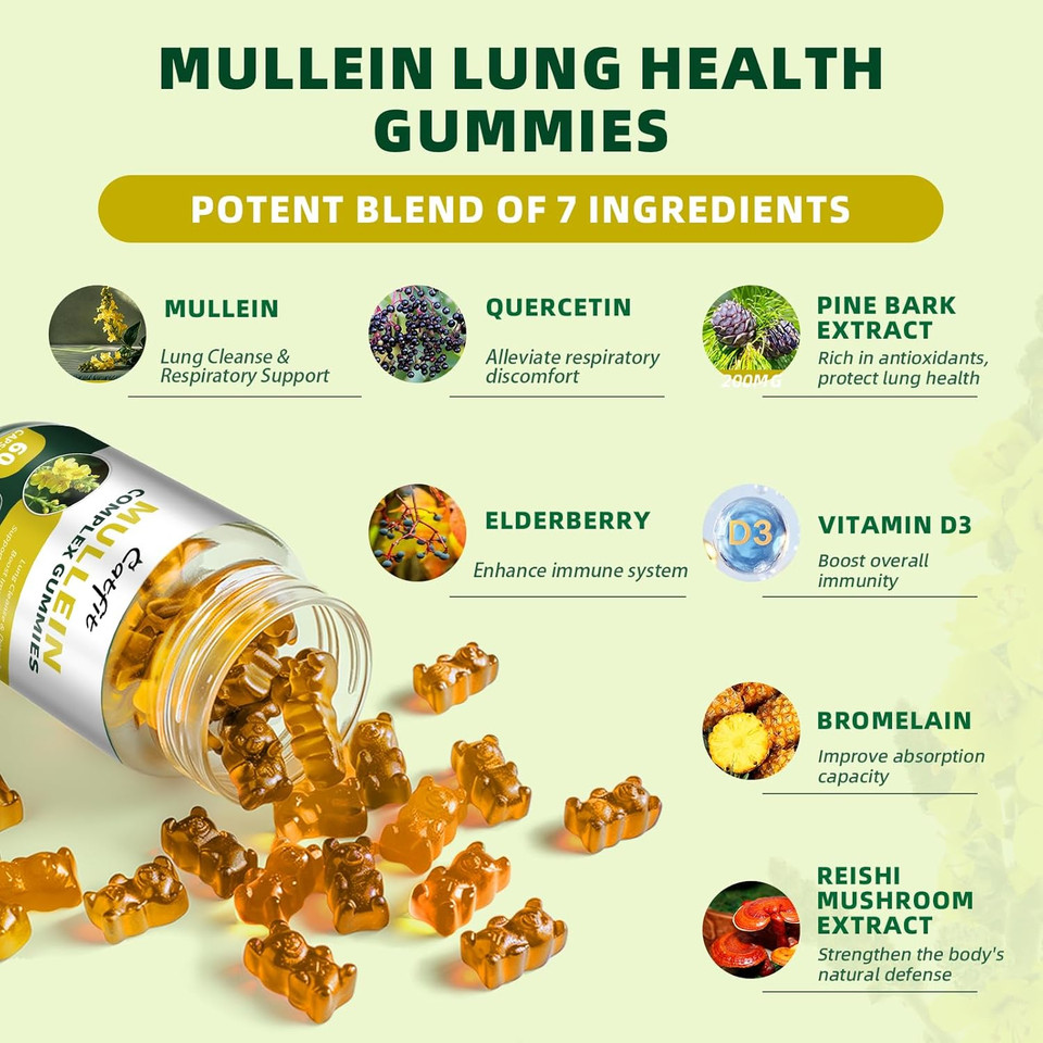 Mullein Gummies For Lungs  Mullein Leaf Extract With Quercetin, Elderberry For Respiratory & Immune Support,Lung Health & Breathing, Vegan, Pineapple Flavor, 60 Gummies