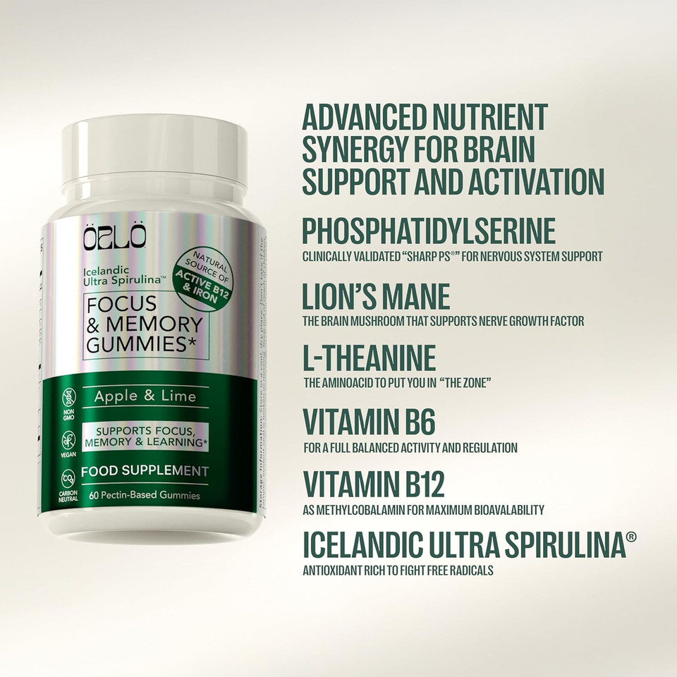 Orlo Focus & Memory Gummies  Nootropic Supplement For Adults With LionS Mane, L-Theanine, Phosphatidylserine, Spirulina, Vitamin B6 & B12 Methylcobalamin (60 Gummies)