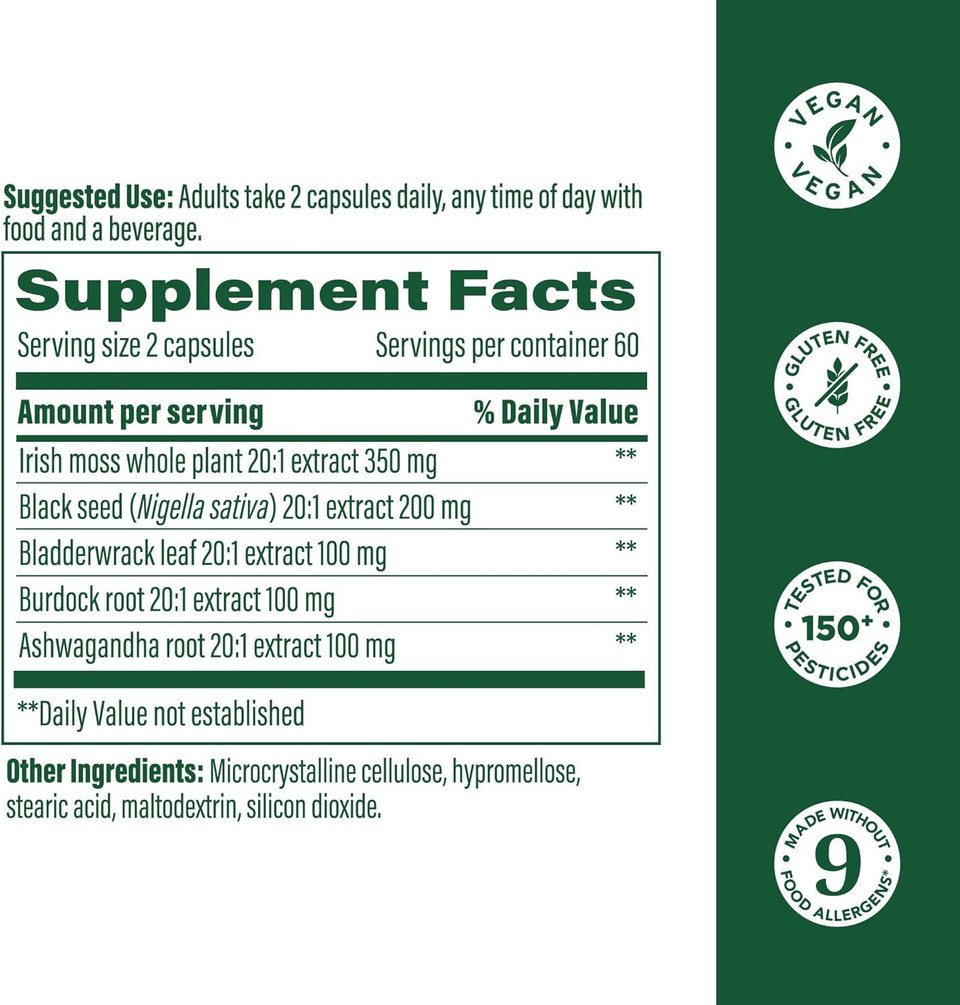 Megafood Sea Moss Complex - Irish Sea Moss 7000Mg Per Serving Plus Black Seed Oil, Burdock Root, Bladderwrack & Ashwagandha - Vegan Gut Health & Immune Support Supplement, 120 Capsules, 60 Servings