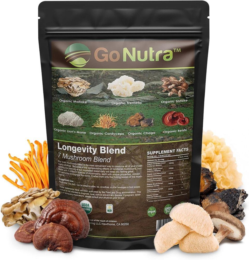 Go Nutra - Organic 7 Mushroom Supplement, Longevity Mushroom Powder With LionS Mane, Chaga, Shiitake, Maitake, Reishi, Tremella, And Cordyceps Mushroom, Non-Gmo, Gluten-Free, Vegan, 8 Oz
