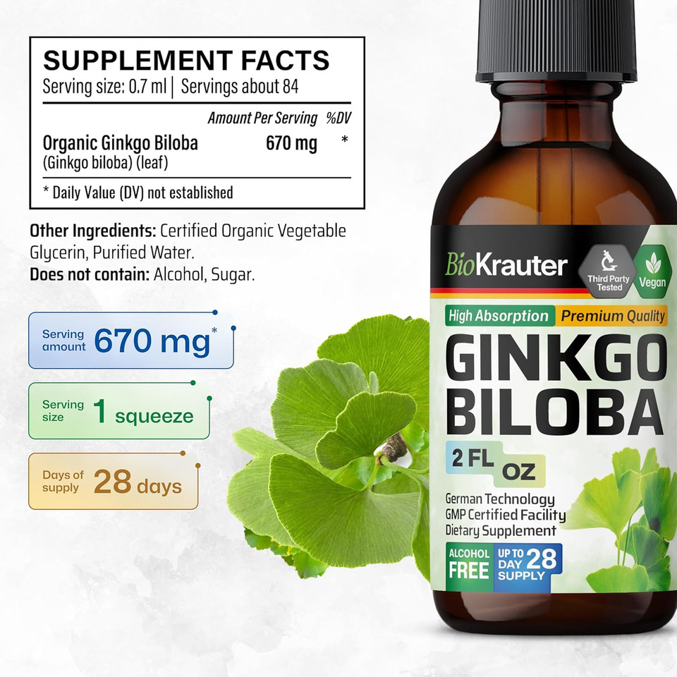 Bio Krauter Ginkgo Biloba Extract - Liquid Ginkgo Biloba Supplements For Brain - Vegan, Alcohol & Sugar Free - 4 Fl Oz