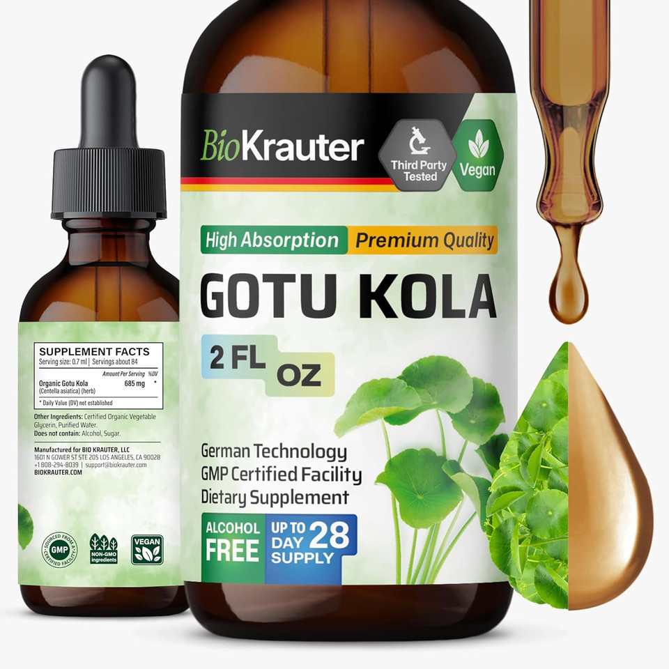 Bio Krauter Gotu Kola Tincture - Centella Asiatica Extract - Alcohol And Sugar Free Gotu Kola Extract - Vegan Drops 4 Fl.Oz