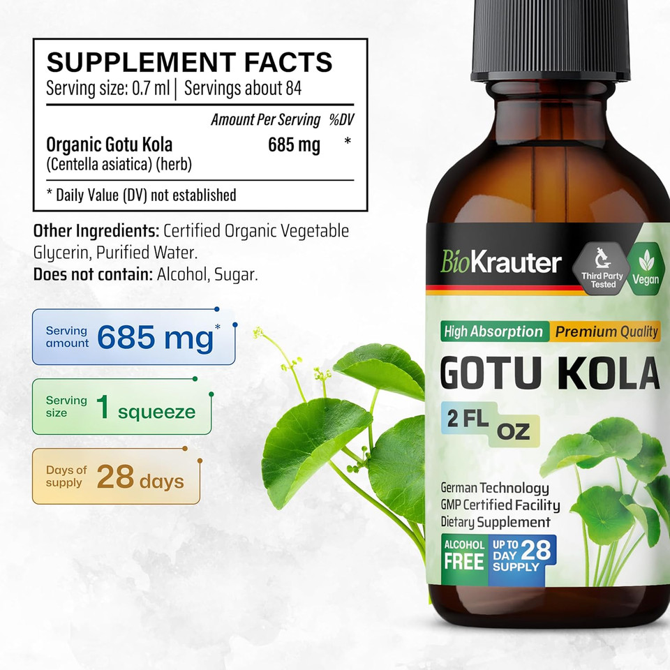 Bio Krauter Gotu Kola Tincture - Centella Asiatica Extract - Alcohol And Sugar Free Gotu Kola Extract - Vegan Drops 4 Fl.Oz
