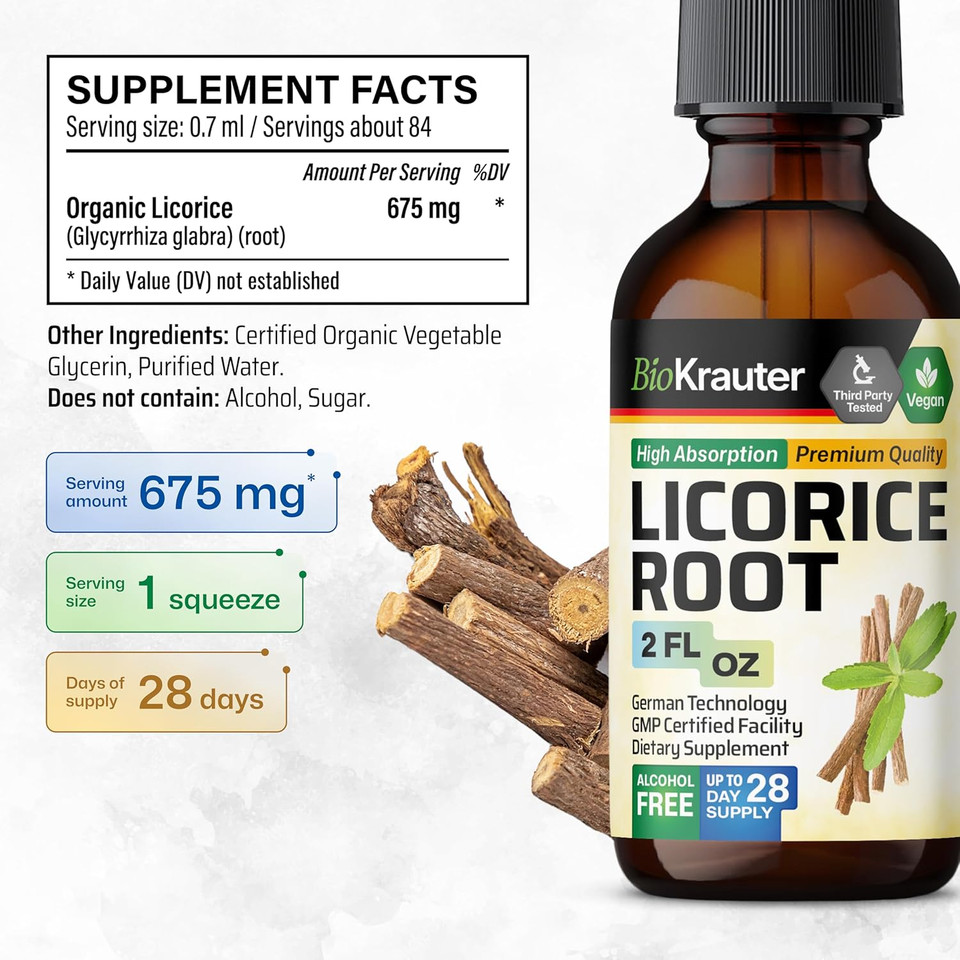 Bio Krauter Licorice Root Tincture - Licorice Root Extract For Digestive Support - Alcohol And Sugar Free - Vegan Drops 4 Fl.Oz