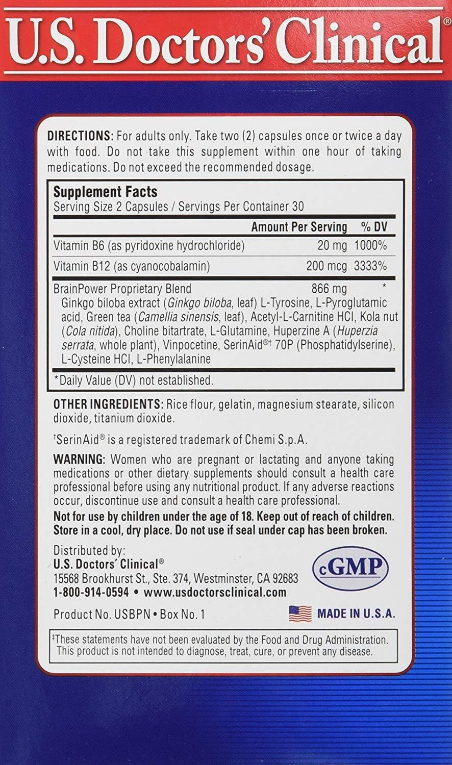 U.S. Doctors' Clinical Brainpower Advanced Memory Supplement With 15 Brain-Boosting Ingredients For Supporting Healthy Memory, Brain Function, & Healthy Brain Circulation [1 Month Supply - 60Count]