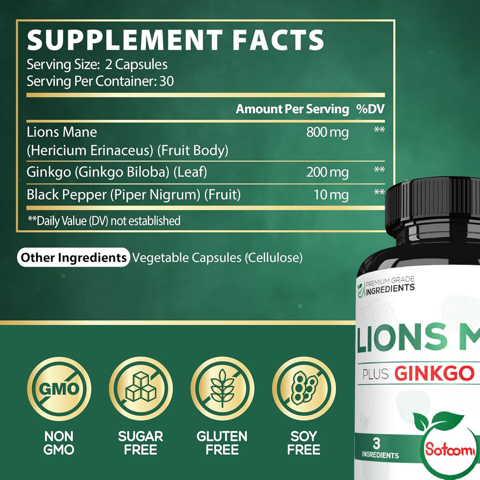 Lions Mane With Ginkgo Biloba Supplement - 60 Capsules - Extra Strength For Restful Mind, Brain Health, Immune System & Focus - Gluten-Free, Non-Gmo Lions Mane With Ginkgo Biloba Supplement - 60 Capsules - Extra Strength For Restful Mind, Brain Health, Immune System & Focus - Gluten-Free, Non-Gmo