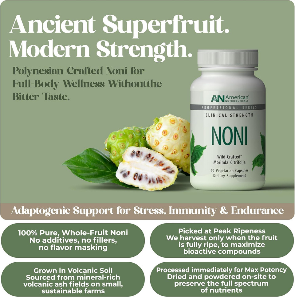 American Nutriceuticals  Noni  60 Capsules  Powerful Adaptogen For Balanced Energy  100% Whole Fruit Powder