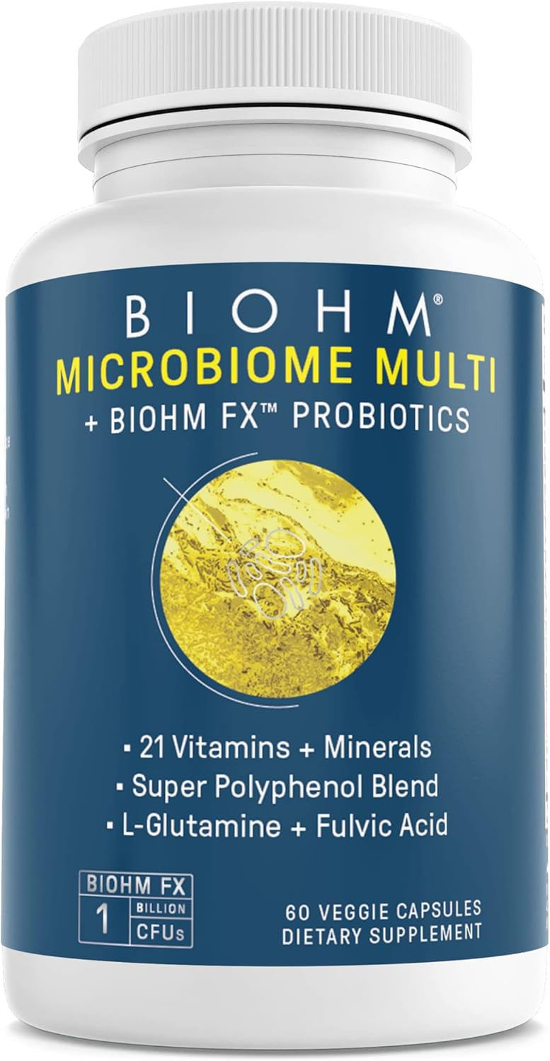 Biohm Multivitamin For Women & Men, Microbiome Multi With Probiotics (60 Capsules, 30 Servings) 21 Vitamins & Minerals, Green Tea, Glutamine & Antioxidants, Non-Gmo, Gluten Free, Vegetarian