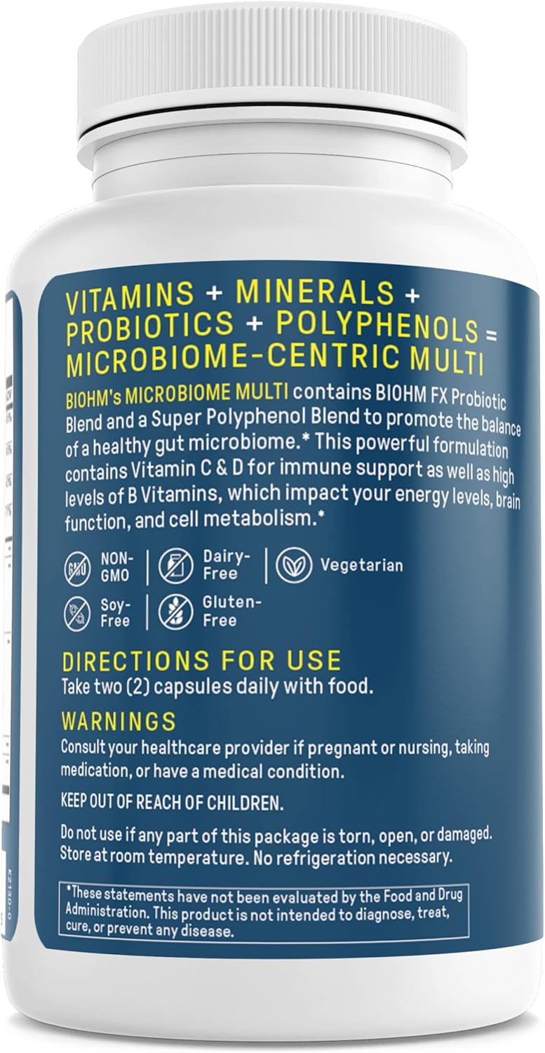 Biohm Multivitamin For Women & Men, Microbiome Multi With Probiotics (60 Capsules, 30 Servings) 21 Vitamins & Minerals, Green Tea, Glutamine & Antioxidants, Non-Gmo, Gluten Free, Vegetarian