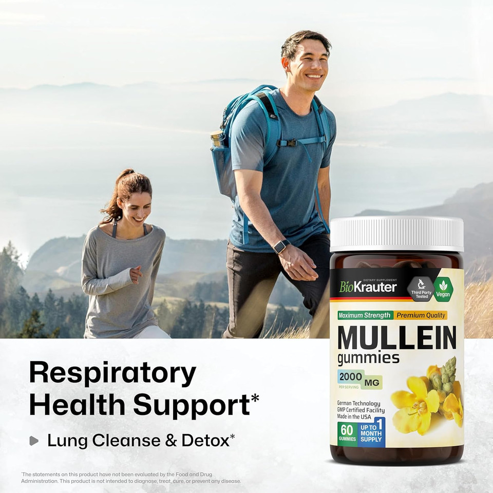 Bio Krauter Mullein Gummies For Lungs 2000 Mg - 60 Chews - Lung Detox Supplement - Mullein Leaf Gummies - Vegan, Gelatine-Free