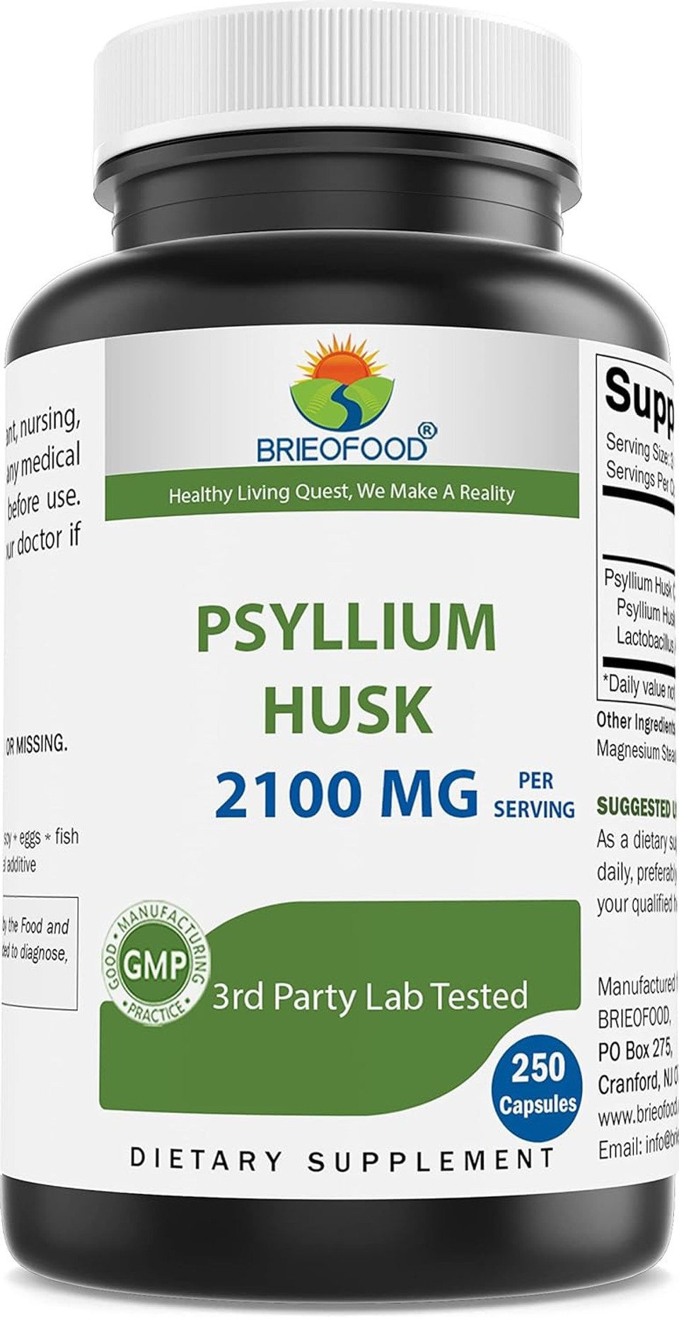 Brieofood Psyllium Husk Fiber Supplement With Lactobaciilus Acidophillus (La-14) - 2100Mg Per Serving - 250 Capsules - Helps Support Digestion, Intestinal Health & Regularity