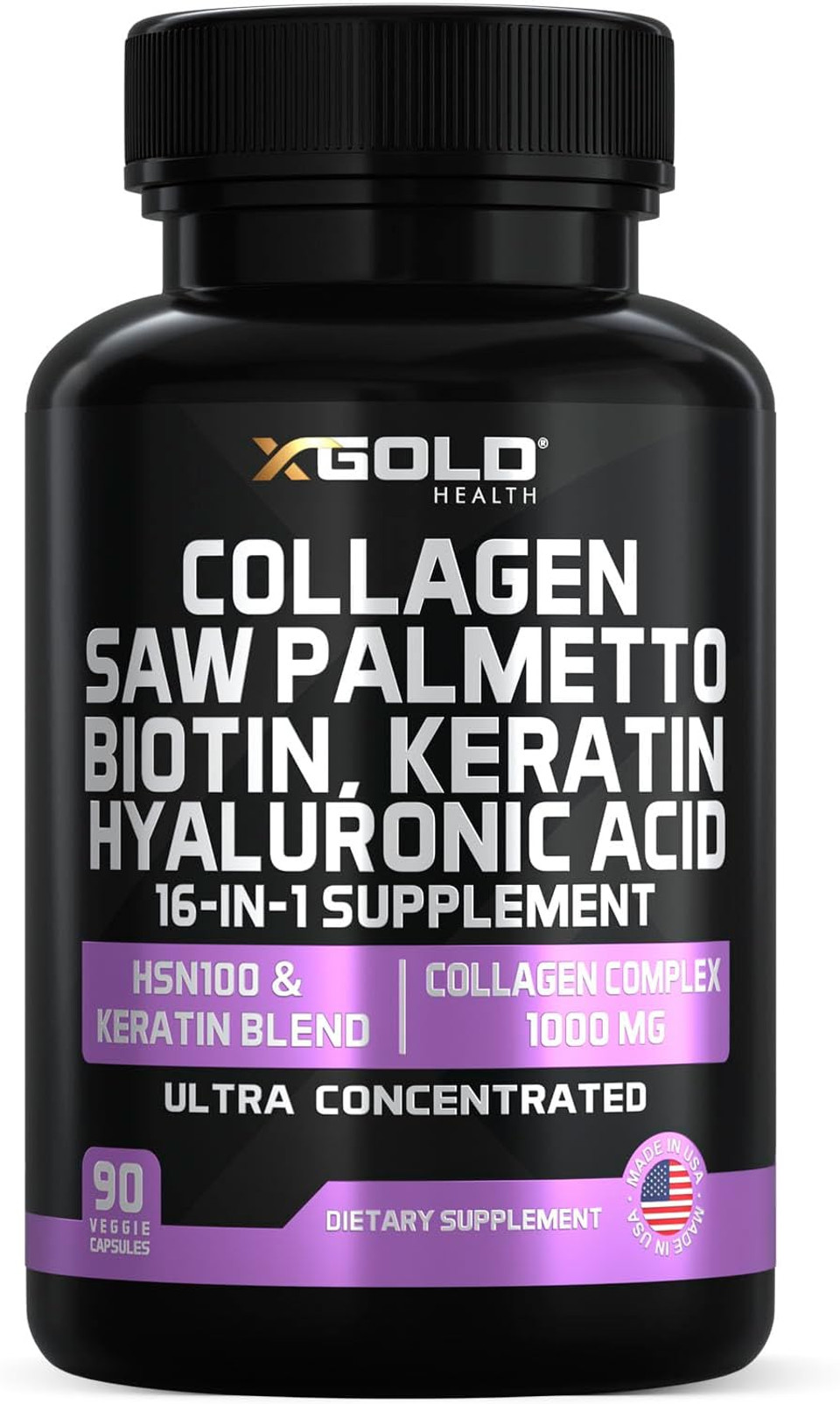 Hsn100 - Collagen, Saw Palmetto, Biotin, Keratin & Hyaluronic Acid - 16-In-1 Beauty Supplement With Vitamin C & E, Collagen Complex & Keratin Blend - Hair, Skin & Nail Growth - 90 Capsules