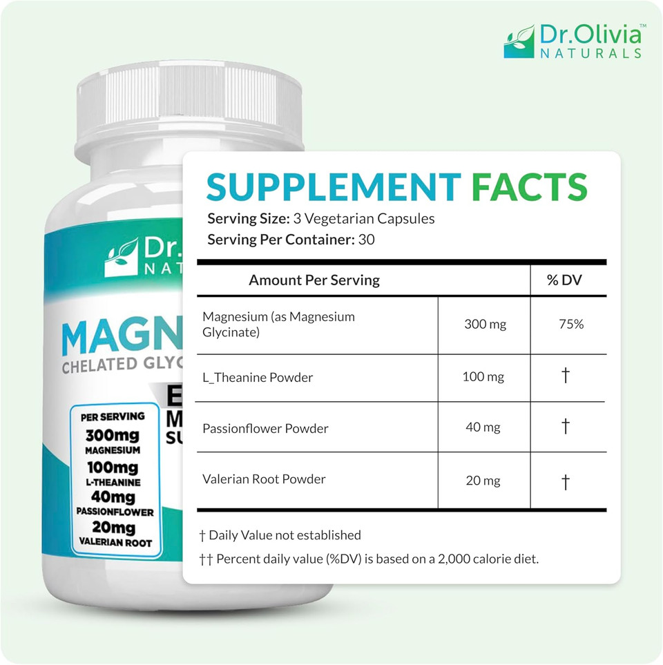 Magnesium Glycinate Complex - L-Theanine, Passionflower & Valerian Root For Sleep Support, Nerve & Muscle Health, High Absorption - 90 Vegetarian Capsules