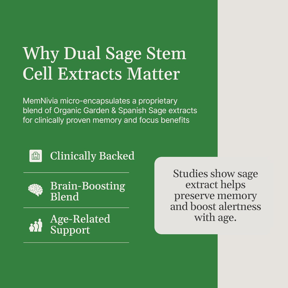 Memnivia Brain Supplements For Memory & Focus | Dual-Sage Stem Cell Formula With Cognivia®, Bacopa, Holy Basil & Ginger | Clinically Proven Mental Clarity Support | 180 Capsules (3 Bottles) | Usa Made