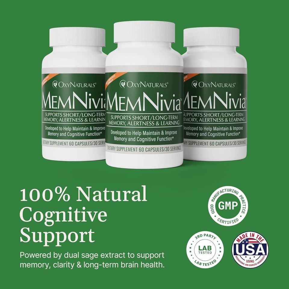 Memnivia Brain Supplements For Memory & Focus | Dual-Sage Stem Cell Formula With Cognivia®, Bacopa, Holy Basil & Ginger | Clinically Proven Mental Clarity Support | 180 Capsules (3 Bottles) | Usa Made