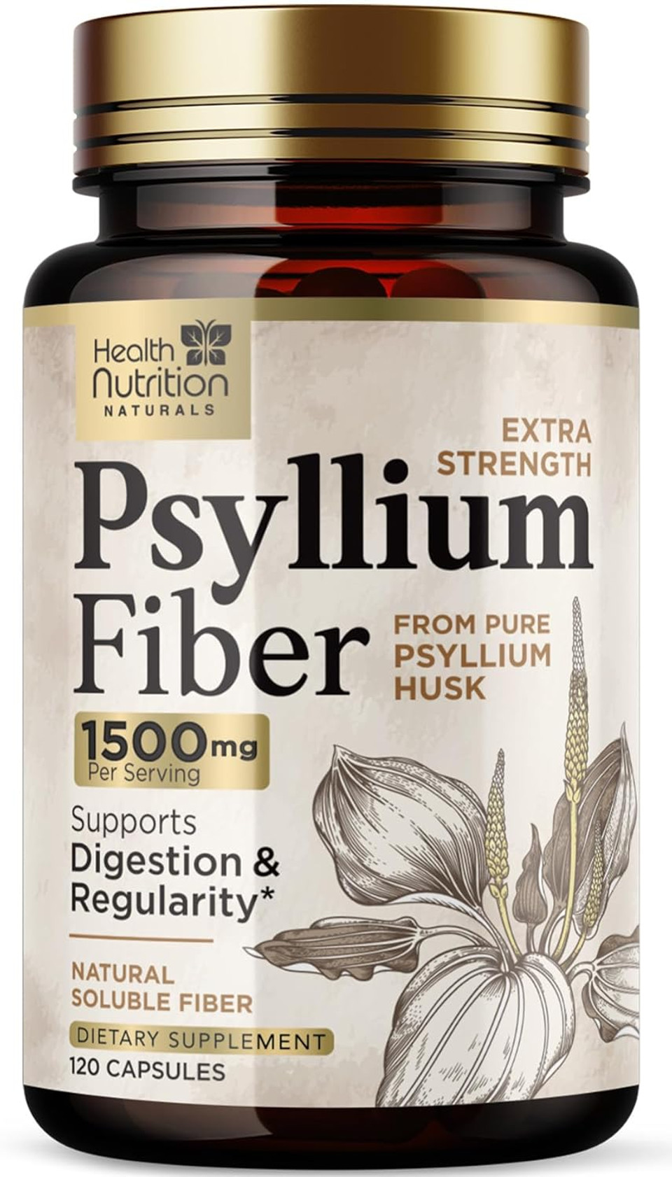 Psyllium Husk Fiber Caps 1500Mg Supplement - Psyllium Husk Capsules Daily Support Digestive Health & Regularity, Nature'S Plant Based Husks Natural Soluble Fiber Pills, Vegan, Non-Gmo - 120 Capsules