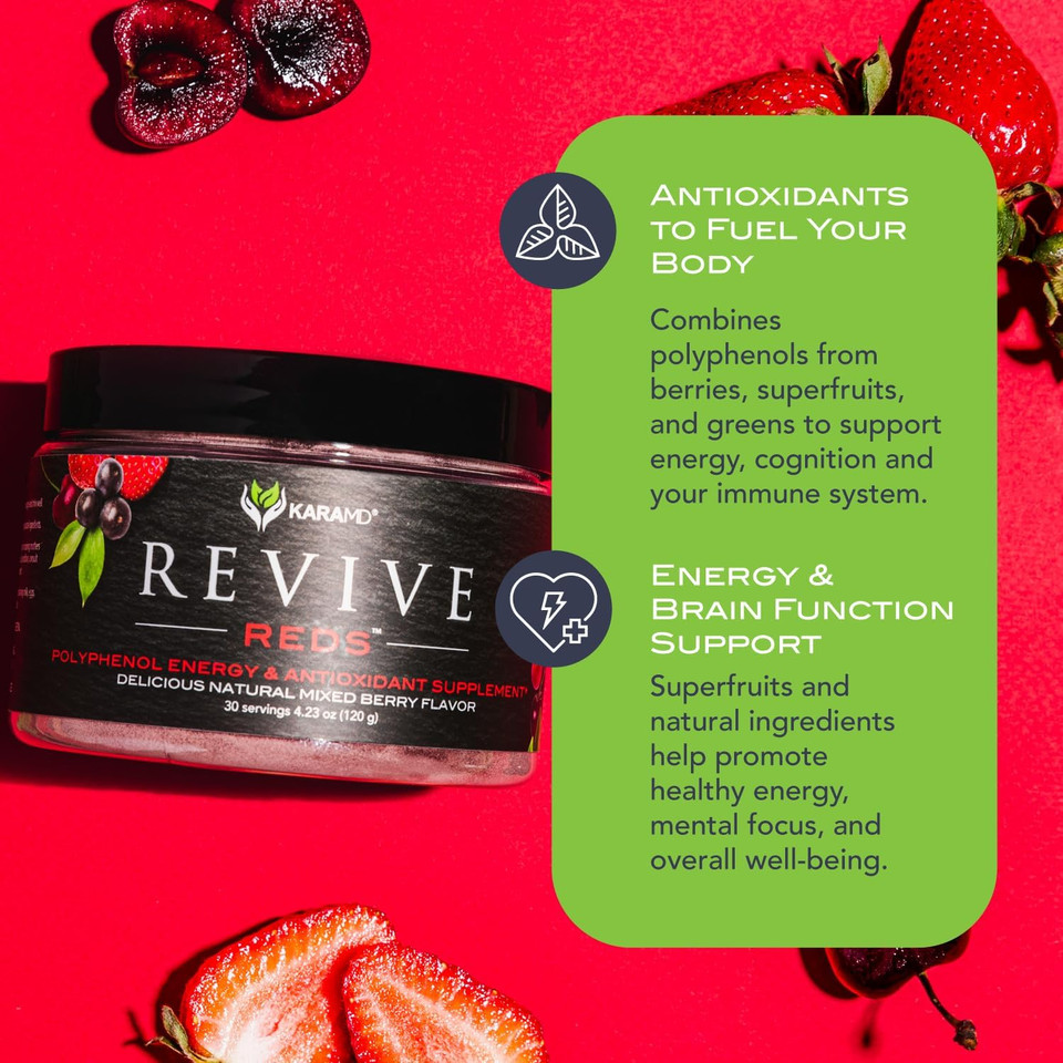 Karamd Revive Reds | Delicious Polyphenol Energy Booster Supplement | Vegan Friendly, Gluten Free & Non-Gmo Superfood Powder | Antioxidants, Shilajit & Enzymes (30 Concentrated Servings)