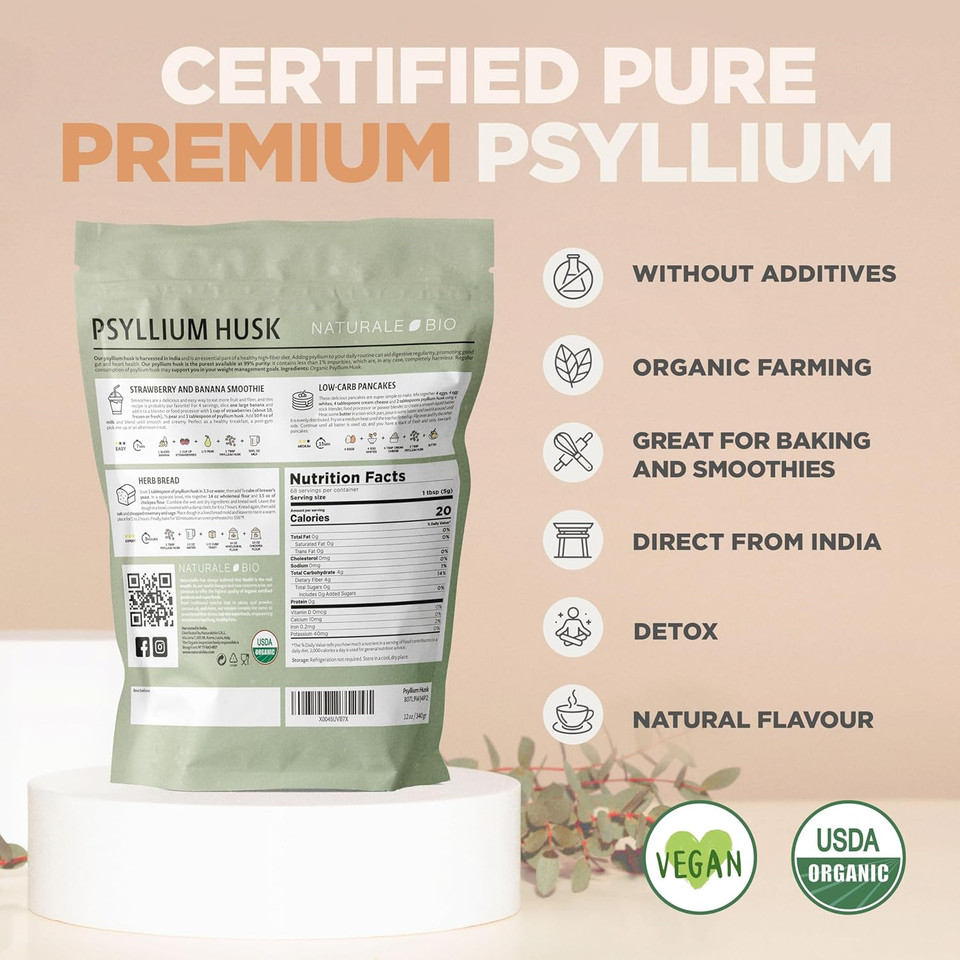 Naturalebio Whole Psyllium Husk. 12 Oz. 99% Pure Psyllium Seed Husks. Natural Fiber Supplement. Usda Organic Certified. Produced In India. Gluten Free, Keto, Paleo, Vegan Diets. Probiotics