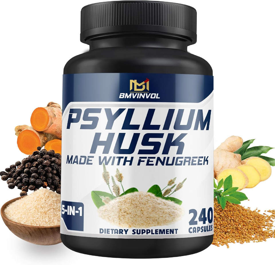 Bmvinvol Psyllium Husk Capsules Fiber Supplement With Fenugreek, Turmeric, Ginger, Black Pepper - Support Digestive System, Intestinal Health - 240 Count For 4 Month Supply