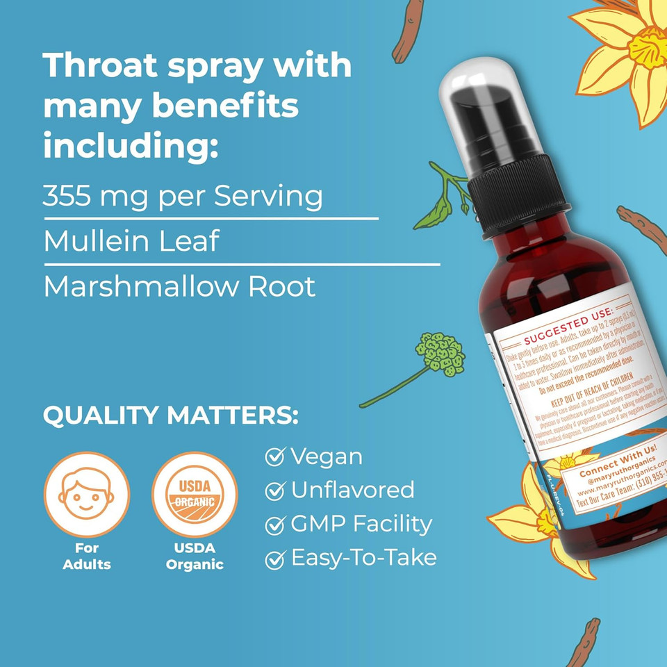 Maryruth Organics Usda Organic Throat Spray With Mullein Leaf | Marshmallow Root & Licorice Root & Thyme Leaf | Vanilla | 4 Herbal Blend | Non-Gmo | Vegan | Gluten Free | 1 Fl Oz | Up To 100 Servings