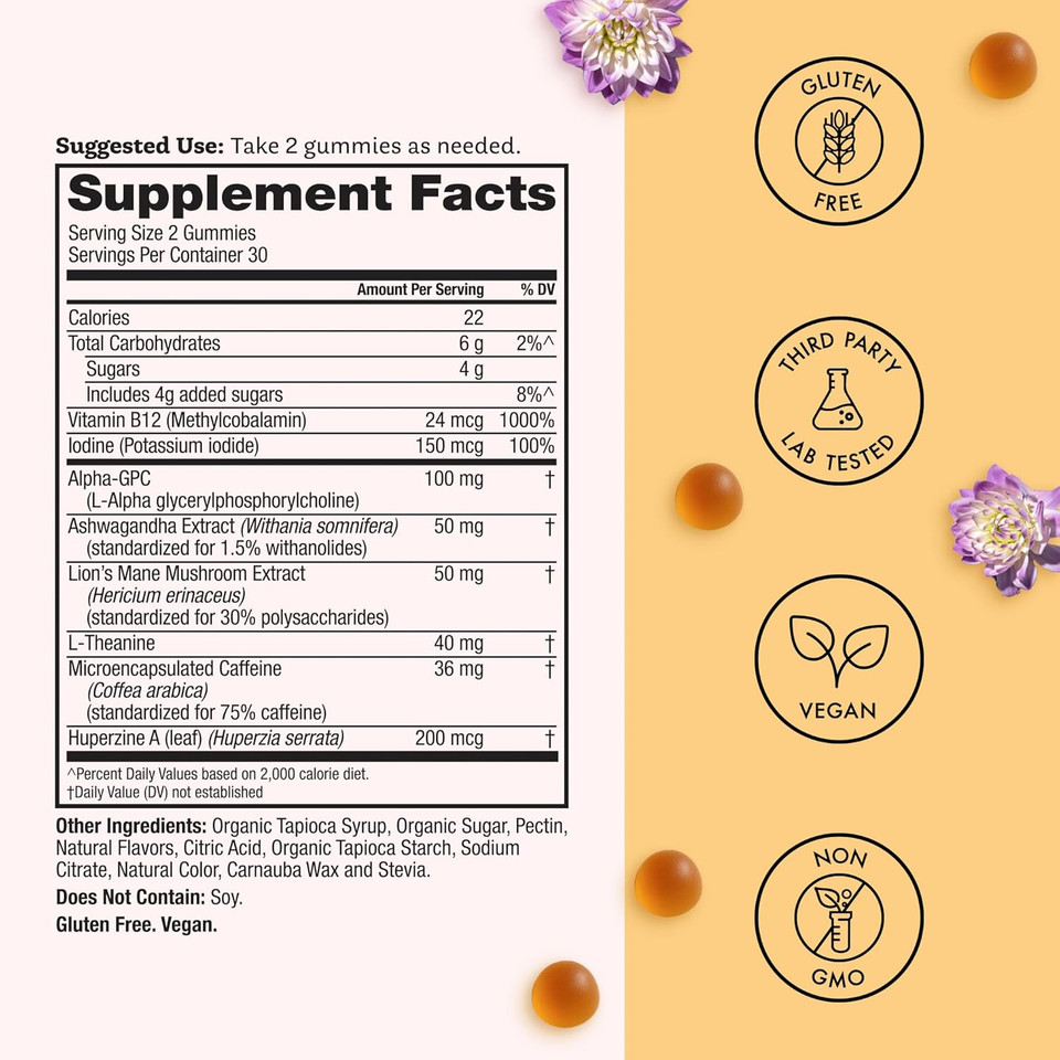 Winged Wellness Rise Up, Energy & Focus Gummies For Women - Daily Brain Boost Gummy Supplement With Natural Caffeine, Ashwagandha, B12, Nootropics Alpha-Gpc & LionS Mane - Pineapple, 60 Gummies