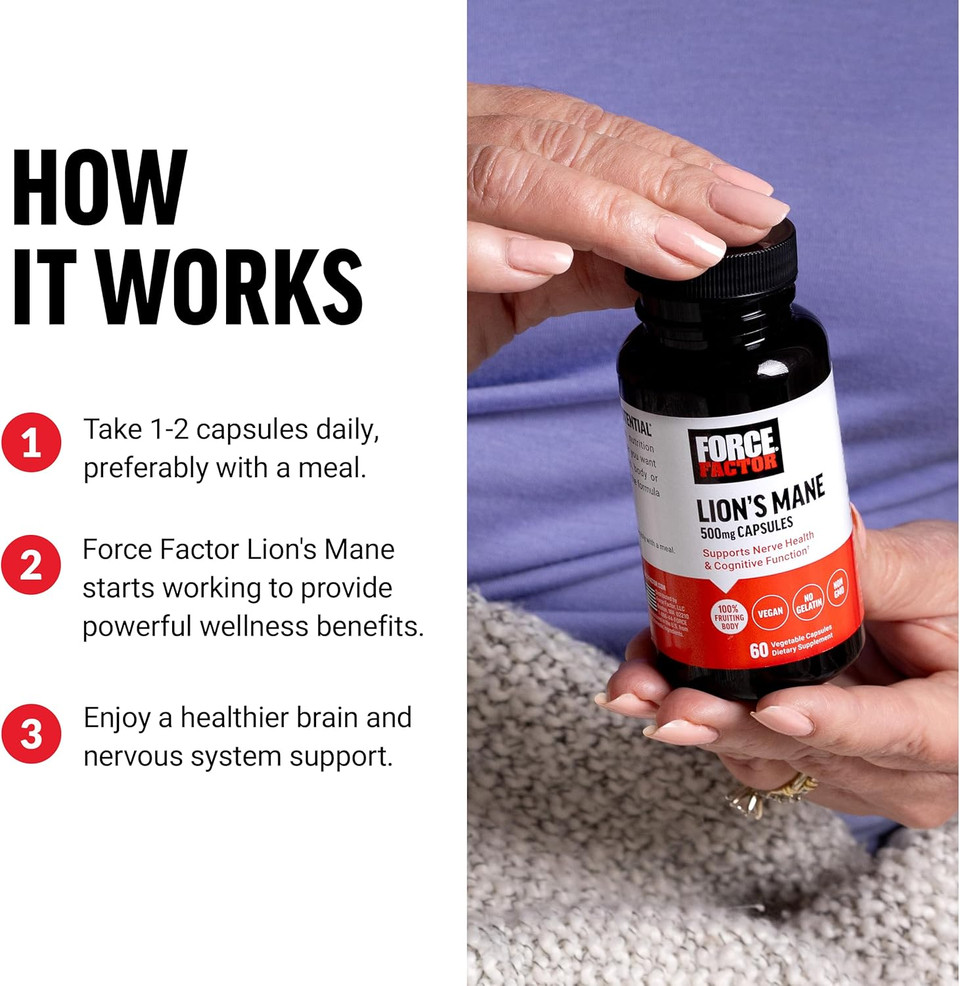 Force Factor LionS Mane Supplement Capsules, Memory & Focus Supplement, Supports Nerve Health & Cognitive Function, Made With 100% Fruiting Body, Vegan, No Gelatin, Non-Gmo, 60 Vegetable Capsules
