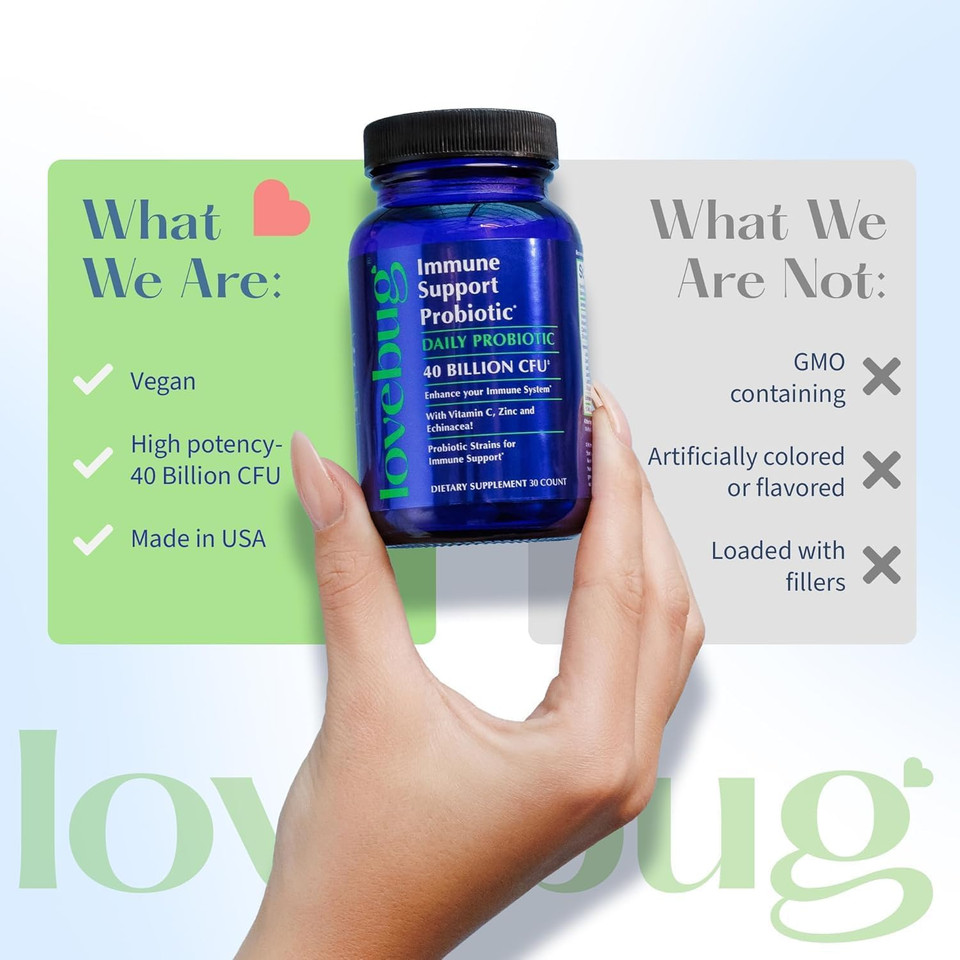 Lovebug Probiotics Immune Support Daily Probiotic For Men & Women, 40 Billion Cfu & 6 Strains, Includes Vitamin C, Zinc & Echinacea, 30 Capsules, Vegan & Non-Gmo Lovebug Probiotics Immune Support Daily Probiotic For Men & Women, 40 Billion Cfu & 6 Strains, Includes Vitamin C, Zinc & Echinacea, 30 Capsules, Vegan & Non-Gmo