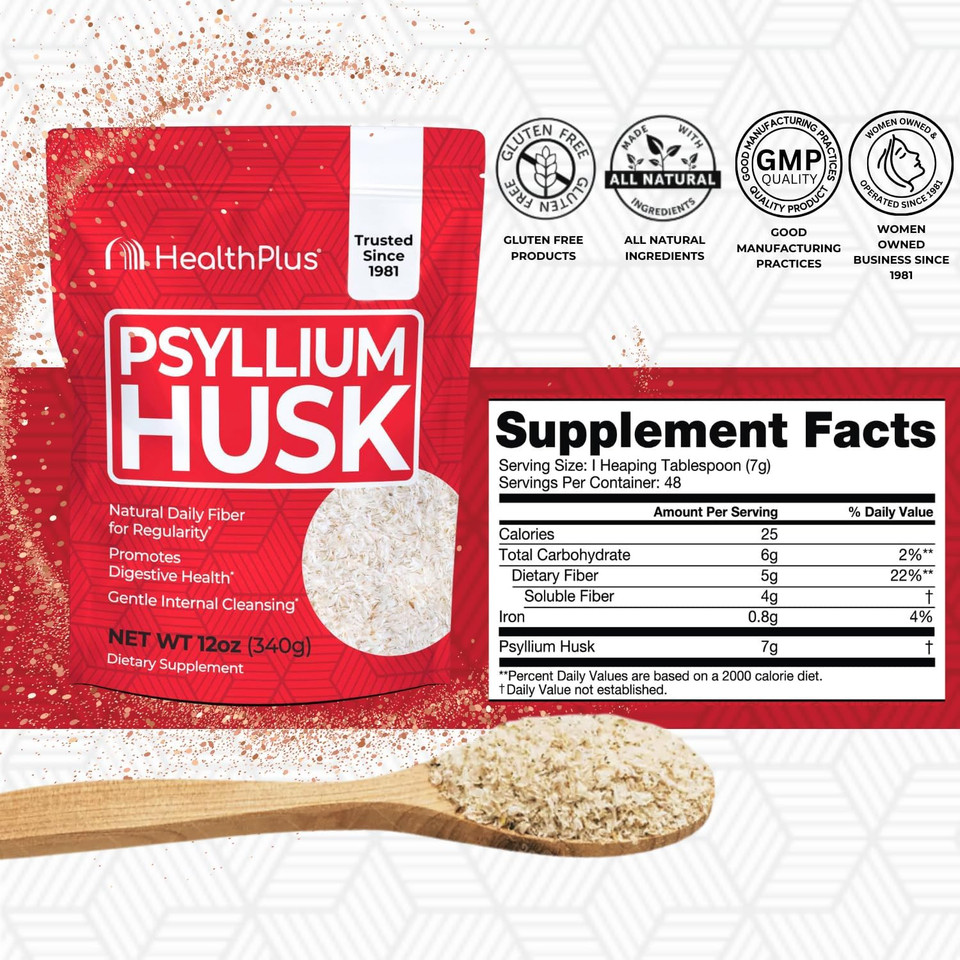 Health Plus, Psyllium Husk, 24 Oz, 96 Servings - Natural Detox, Daily Dietary Fiber Supplement, Constipation Relief, Gentle Gut Cleanse, Keto Baking Health Plus, Psyllium Husk, 24 Oz, 96 Servings - Natural Detox, Daily Dietary Fiber Supplement, Constipation Relief, Gentle Gut Cleanse, Keto Baking