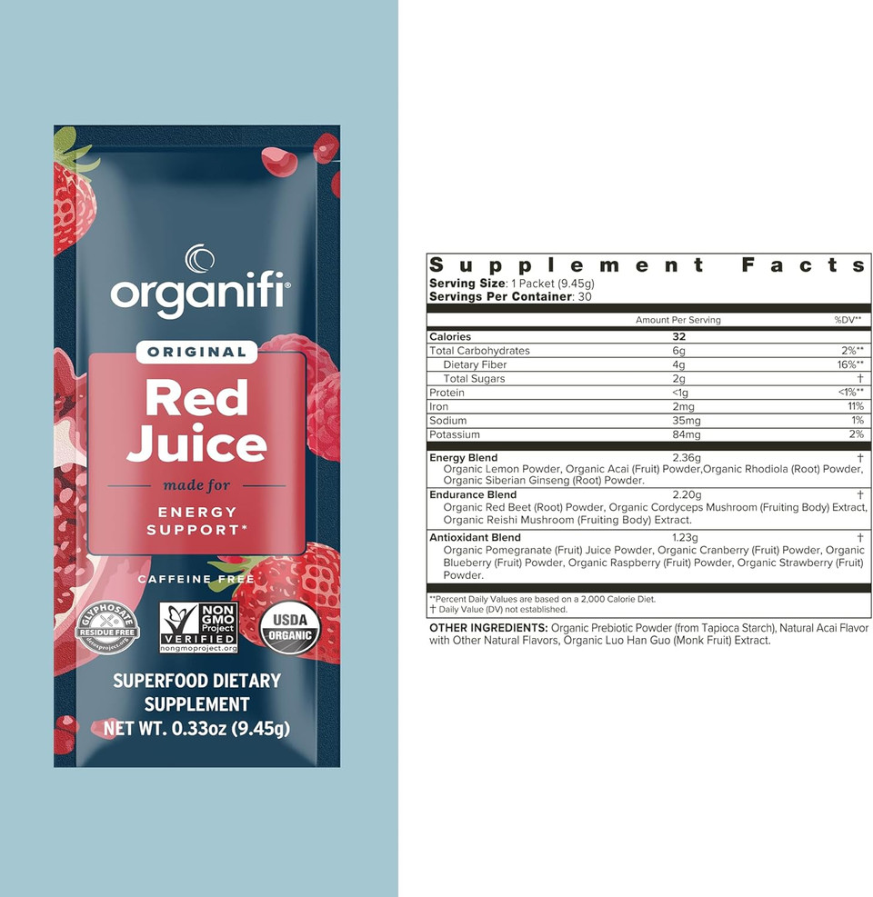 Organifi Red Juice - Energy Powder Reduces Afternoon Crashes And Boosts Digestion And Immune System, 30 Servings