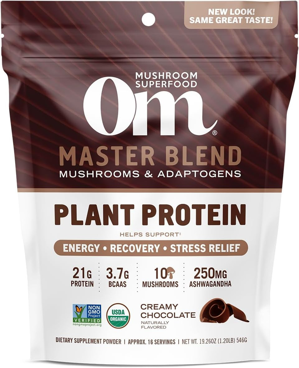 Om Mushroom Superfood Master Blend Mushrooms & Adaptogens, Creamy Vanilla Plant Protein, Single Serve, 10 Count, 10 Mushroom Complex, Lion'S Mane, Ashwagandha, Stress Relief, Glp-1 Support