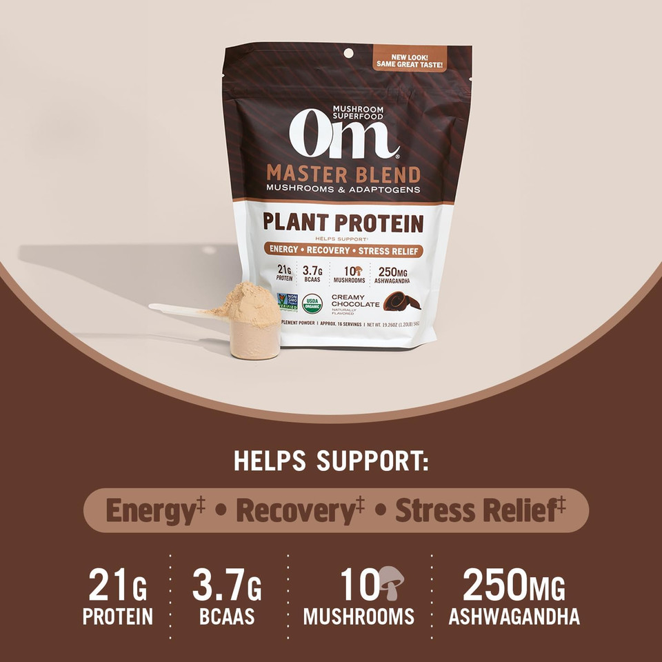 Om Mushroom Superfood Master Blend Mushrooms & Adaptogens, Creamy Vanilla Plant Protein, Single Serve, 10 Count, 10 Mushroom Complex, Lion'S Mane, Ashwagandha, Stress Relief, Glp-1 Support