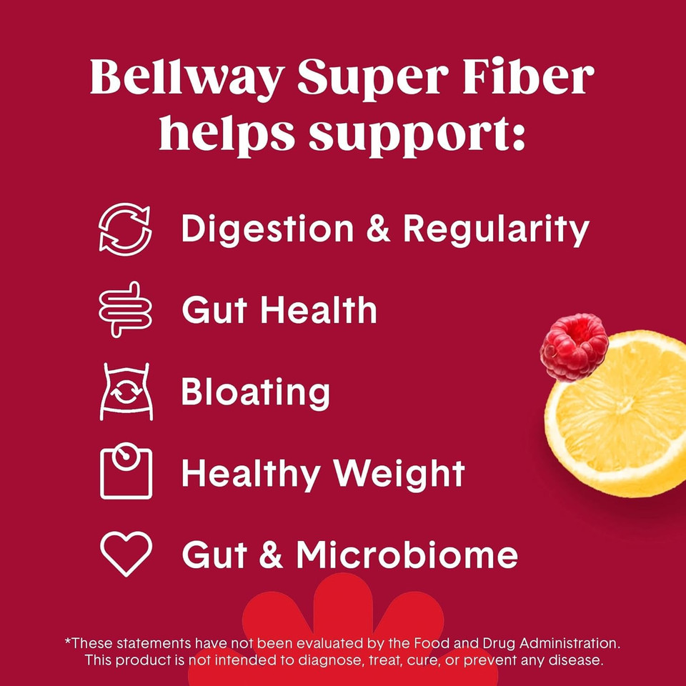 Bellway Super Fiber Powder + Fruit, Sugar Free Organic Psyllium Husk Powder Fiber Supplement For Regularity, Bloating Relief & Digestive Health, Plant-Based, Raspberry Lemon (50 Servings)
