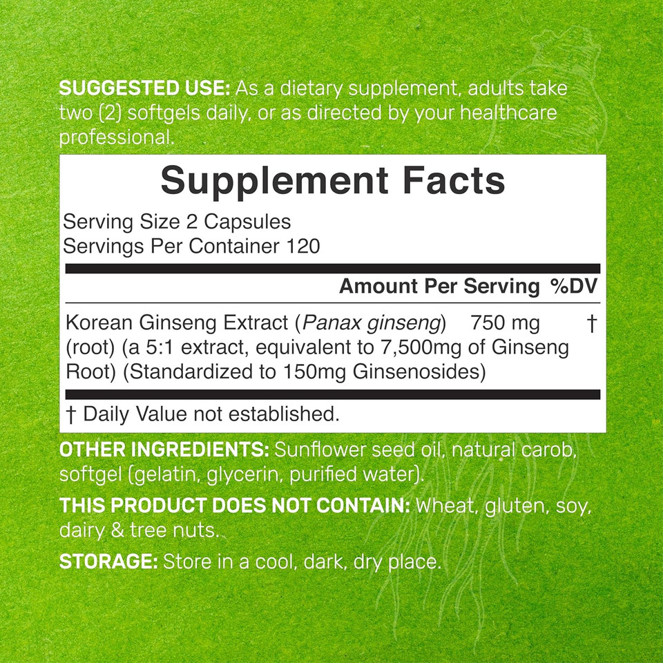 Korean Red Panax Ginseng Root Extract, 7,500Mg Serving, 240 Softgels  150Mg Active Ginsenosides