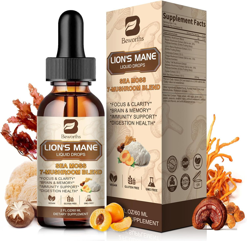 Lions Mane Mushroom Liquid Drops With 6 Mushroom Complex & Irish Sea Moss, Dual-Extracted For Cognitive & Immune Support  Vegan, Non-Gmo Supplement  60Ml Peach Flavor