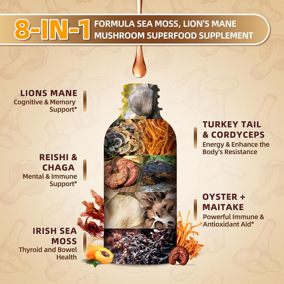 Lions Mane Mushroom Liquid Drops With 6 Mushroom Complex & Irish Sea Moss, Dual-Extracted For Cognitive & Immune Support  Vegan, Non-Gmo Supplement  60Ml Peach Flavor